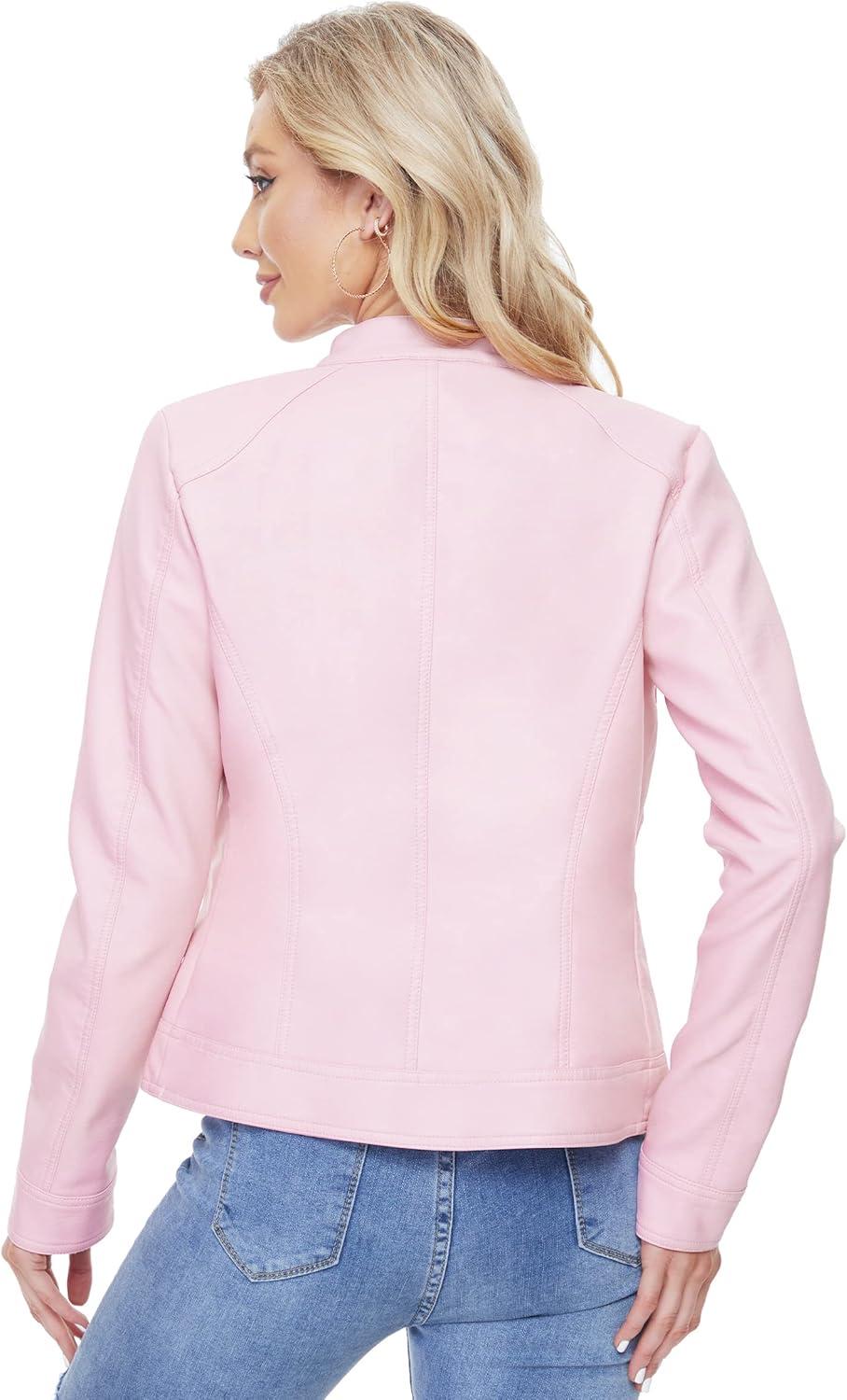 imageFahsyee Zip Leather Jackets for Women Motorcycle Faux PU Moto Biker Outwear CoatPink