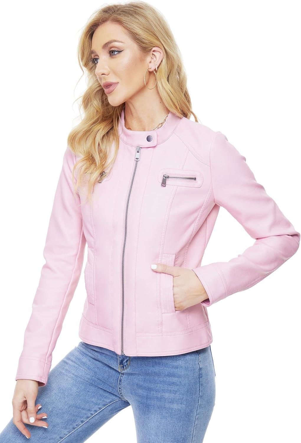 imageFahsyee Zip Leather Jackets for Women Motorcycle Faux PU Moto Biker Outwear CoatPink