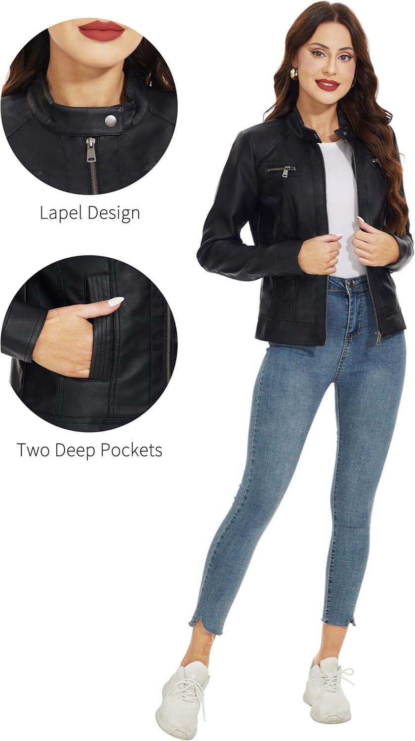 imageFahsyee Zip Leather Jackets for Women Motorcycle Faux PU Moto Biker Outwear CoatPure Black
