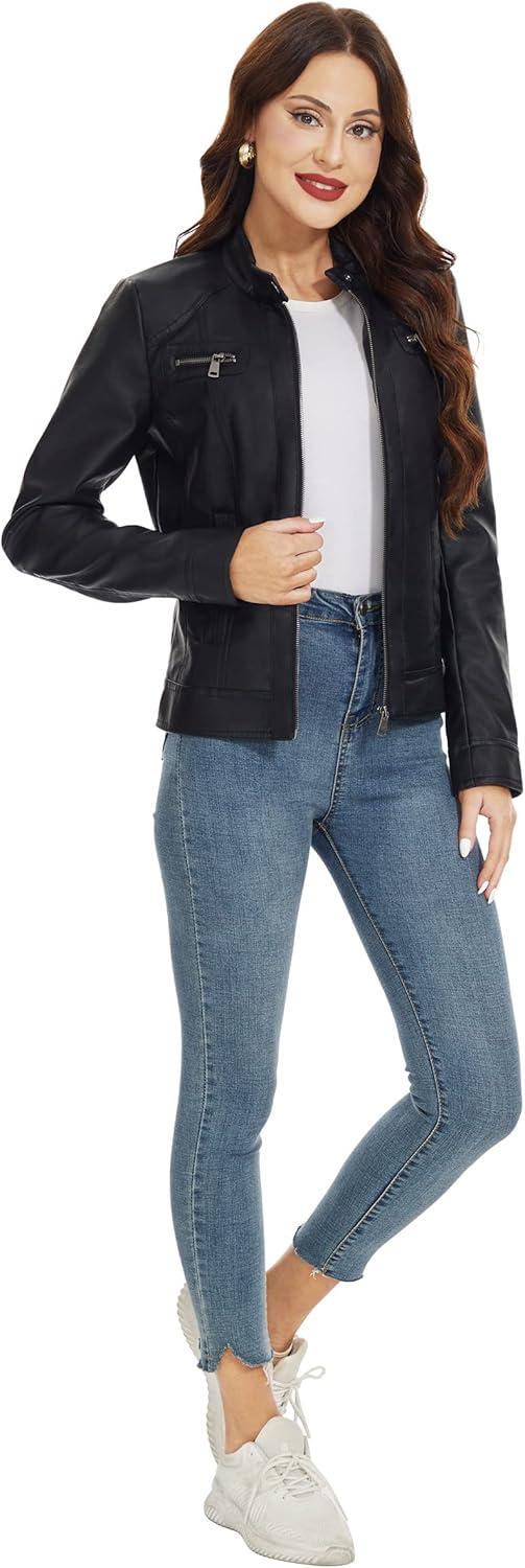 imageFahsyee Zip Leather Jackets for Women Motorcycle Faux PU Moto Biker Outwear CoatPure Black