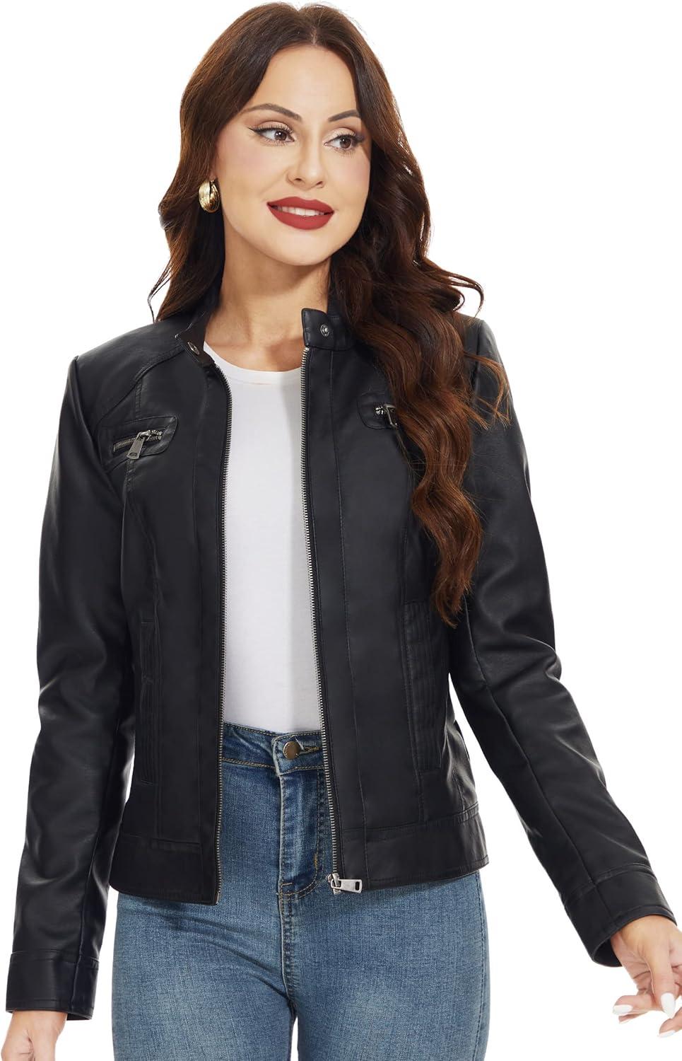 imageFahsyee Zip Leather Jackets for Women Motorcycle Faux PU Moto Biker Outwear CoatPure Black