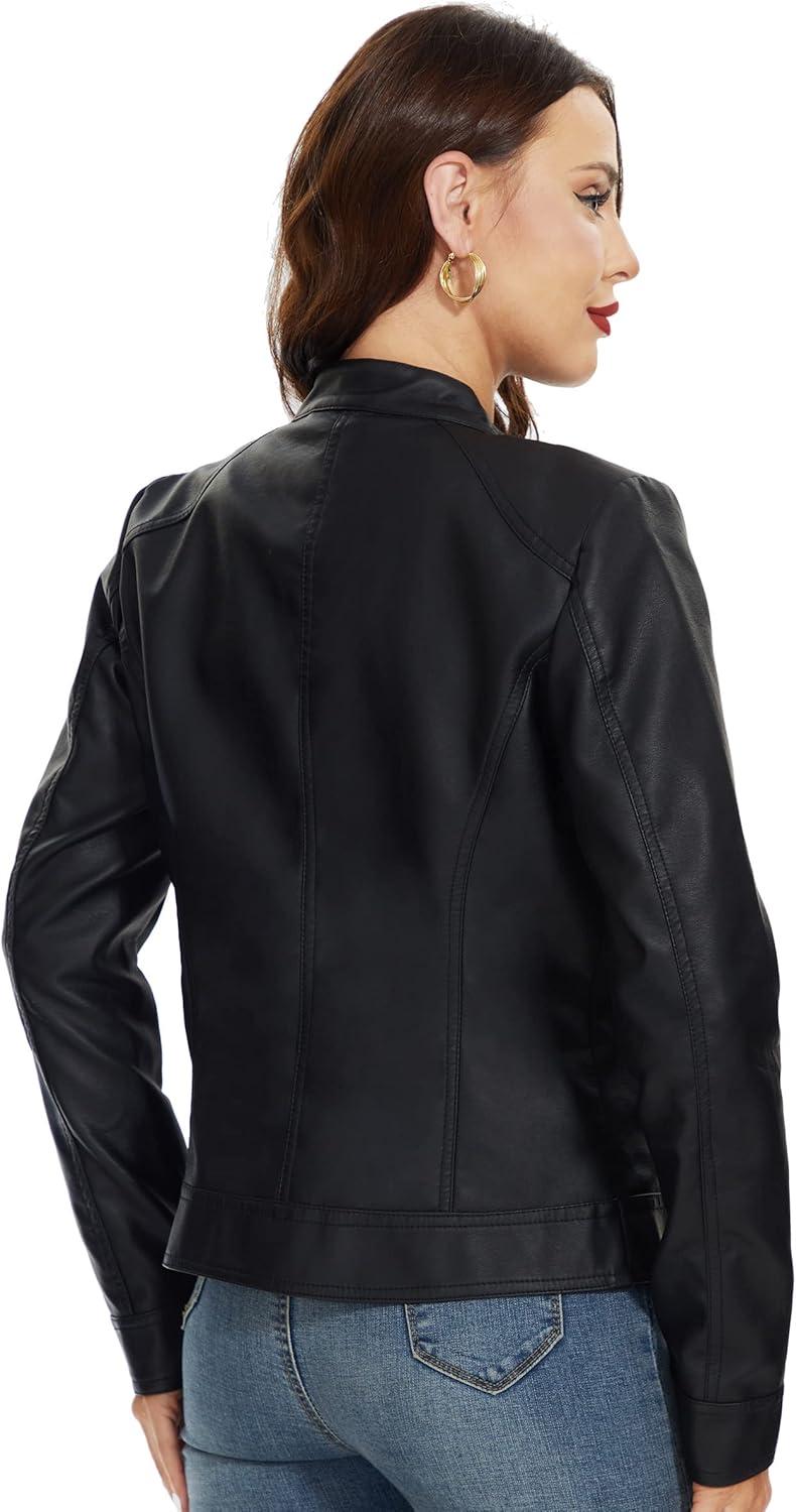 imageFahsyee Zip Leather Jackets for Women Motorcycle Faux PU Moto Biker Outwear CoatPure Black