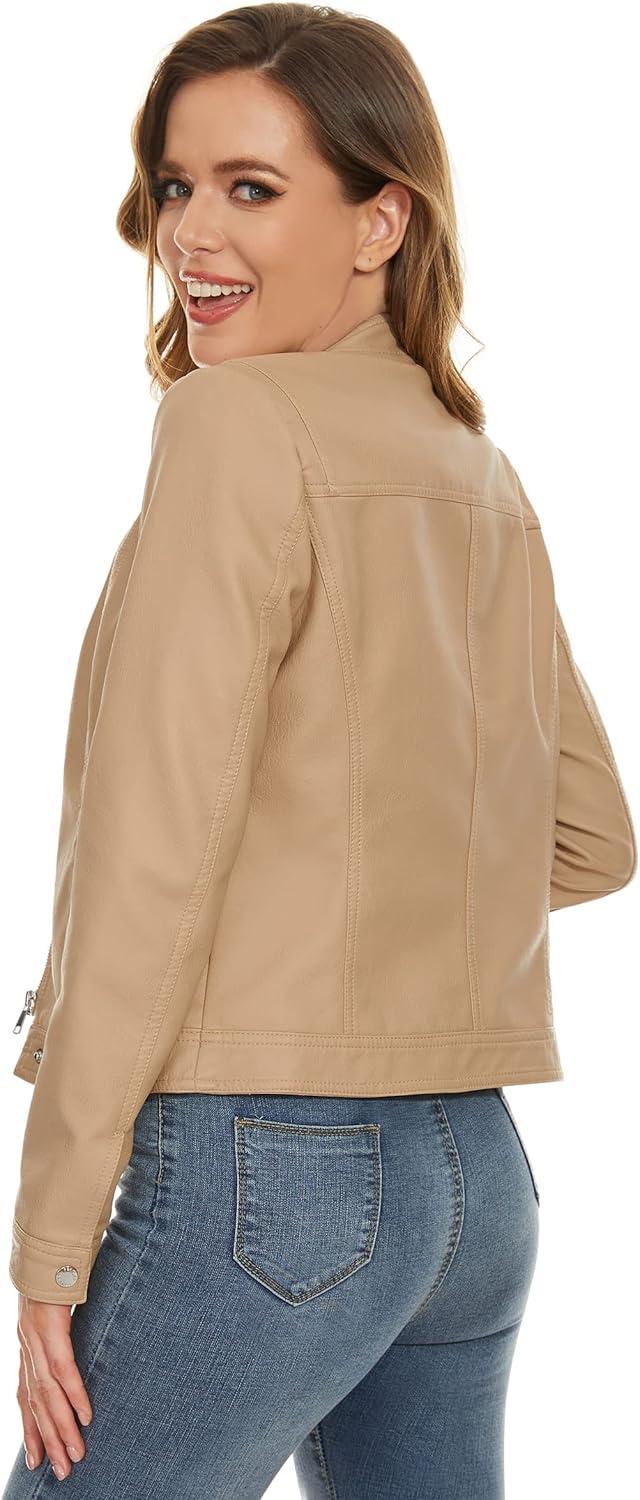 imageFahsyee Zip Leather Jackets for Women Motorcycle Faux PU Moto Biker Outwear CoatTan