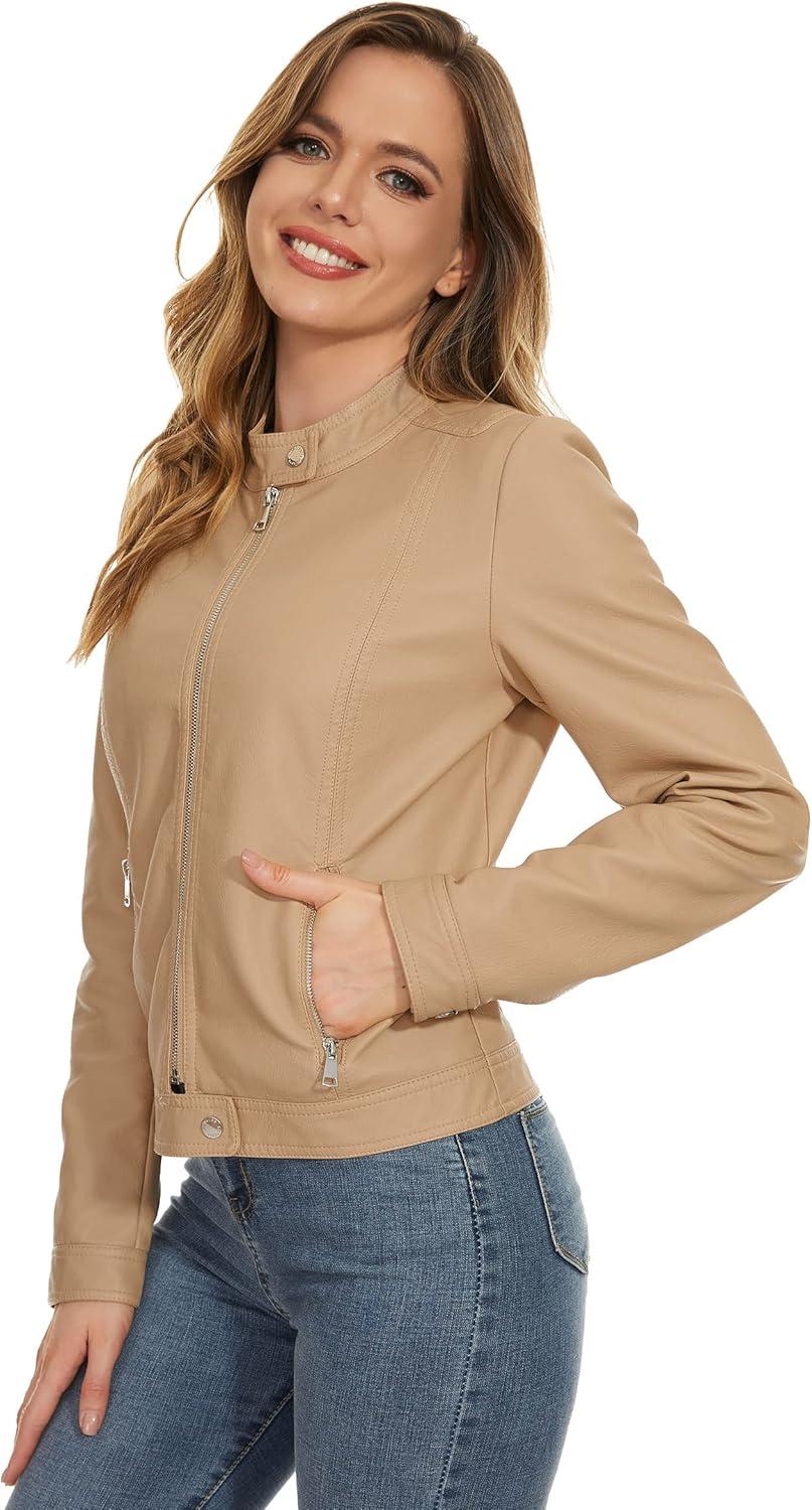 imageFahsyee Zip Leather Jackets for Women Motorcycle Faux PU Moto Biker Outwear CoatTan
