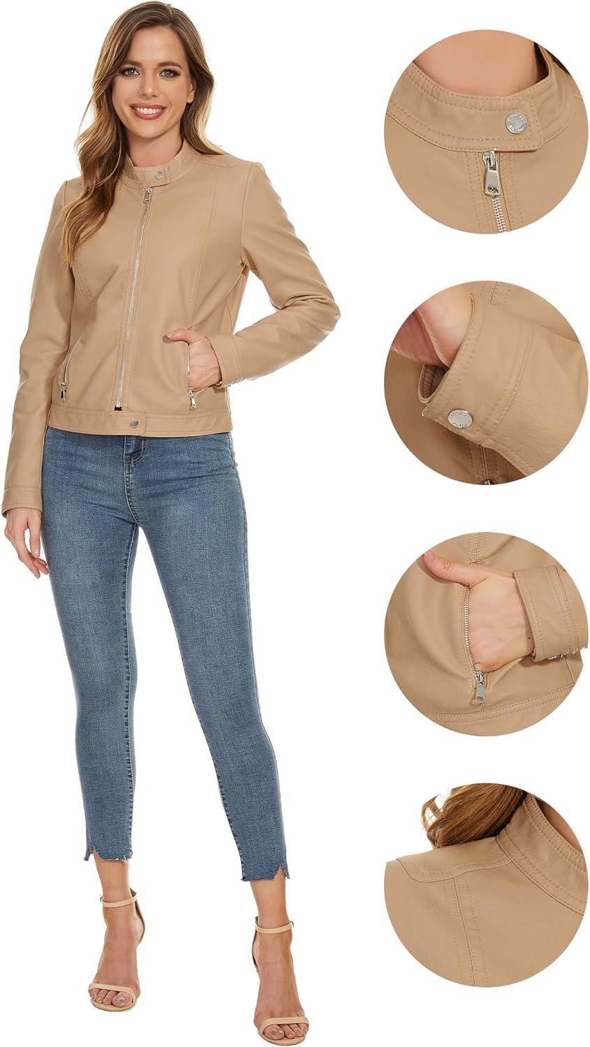 imageFahsyee Zip Leather Jackets for Women Motorcycle Faux PU Moto Biker Outwear CoatTan