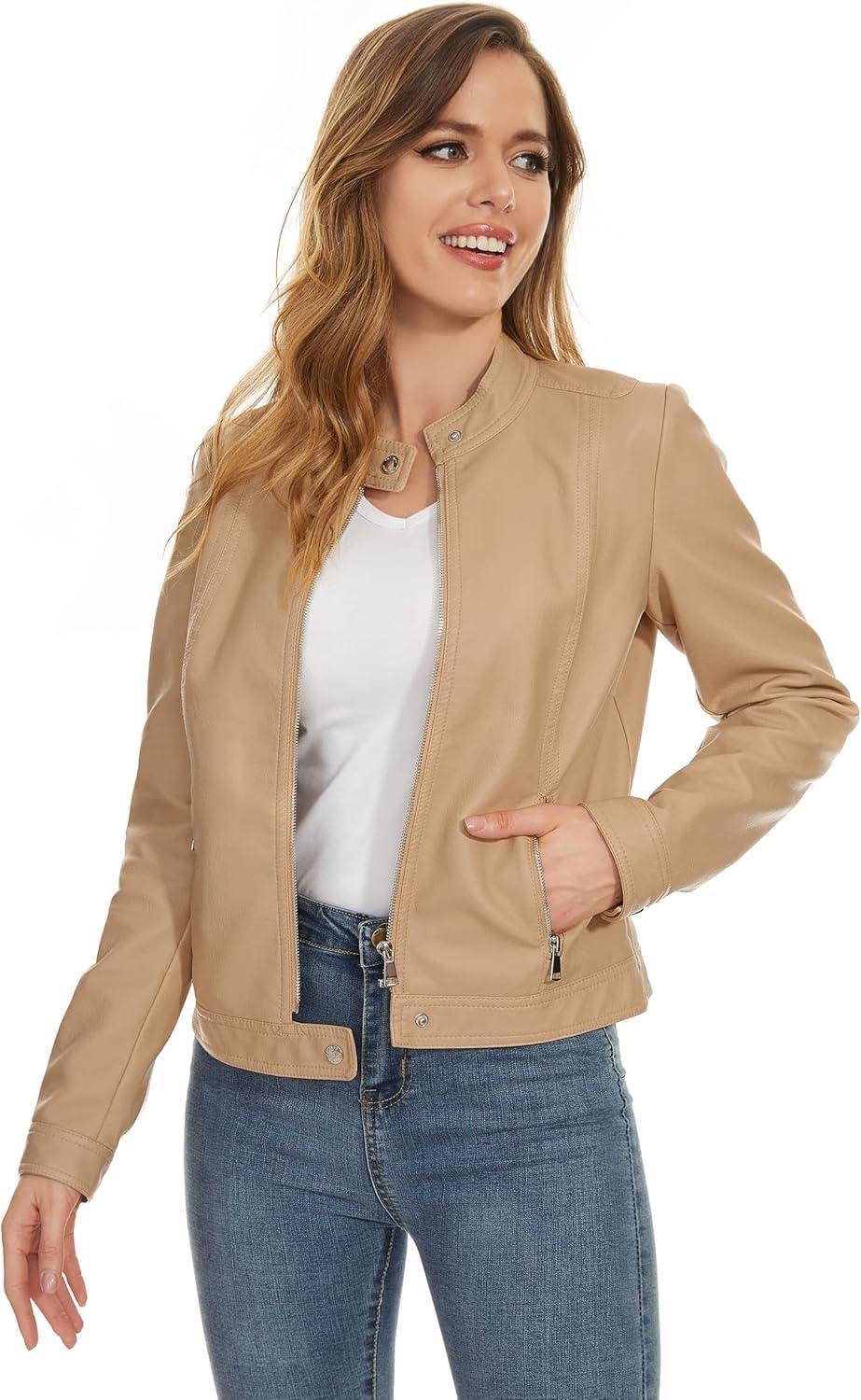 imageFahsyee Zip Leather Jackets for Women Motorcycle Faux PU Moto Biker Outwear CoatTan