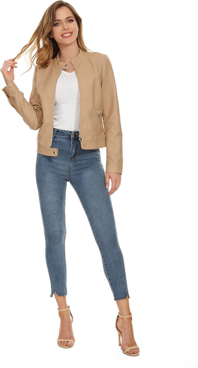 imageFahsyee Zip Leather Jackets for Women Motorcycle Faux PU Moto Biker Outwear CoatTan