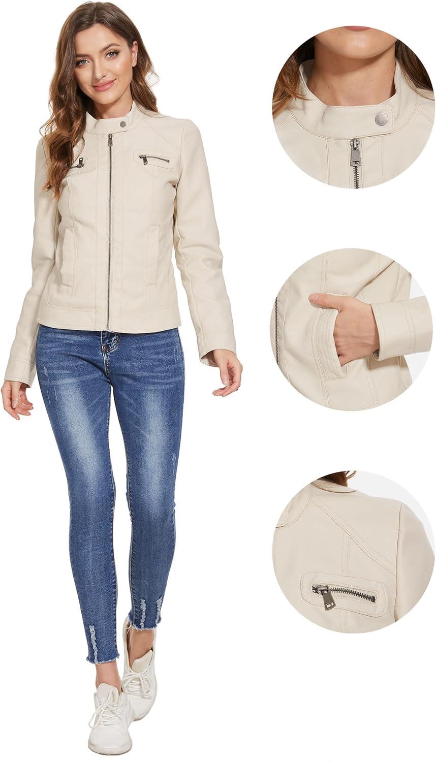 imageFahsyee Zip Leather Jackets for Women Motorcycle Faux PU Moto Biker Outwear CoatWhite