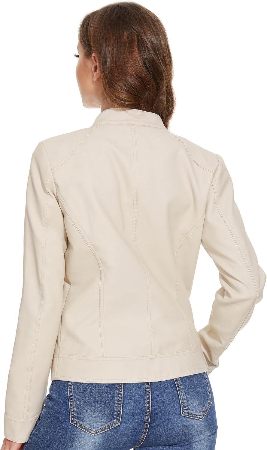 imageFahsyee Zip Leather Jackets for Women Motorcycle Faux PU Moto Biker Outwear CoatWhite