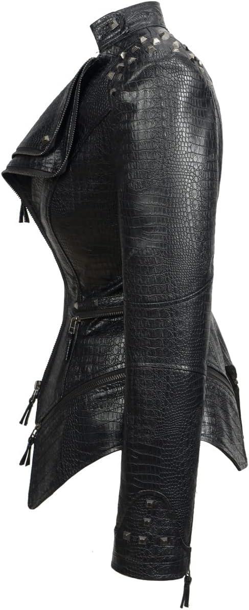 imageFashion SX Womens Punk Studded Fauxalligator Print Pattern PU Leather Jackets Zipper Moto Biker CoatBlack