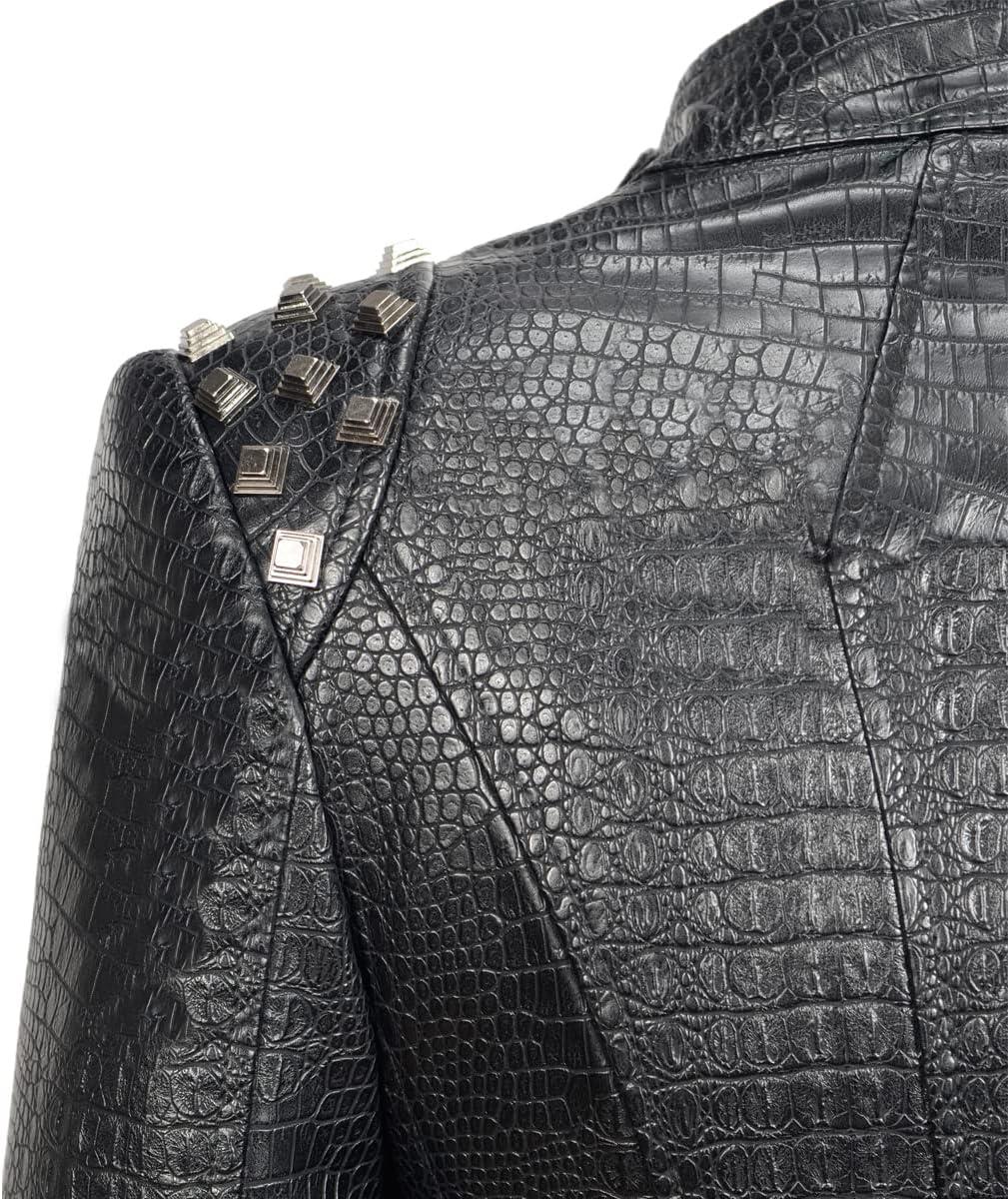 imageFashion SX Womens Punk Studded Fauxalligator Print Pattern PU Leather Jackets Zipper Moto Biker CoatBlack