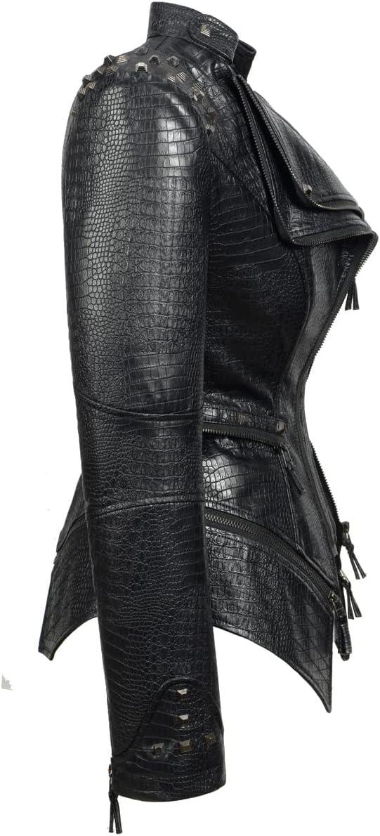 imageFashion SX Womens Punk Studded Fauxalligator Print Pattern PU Leather Jackets Zipper Moto Biker CoatBlack