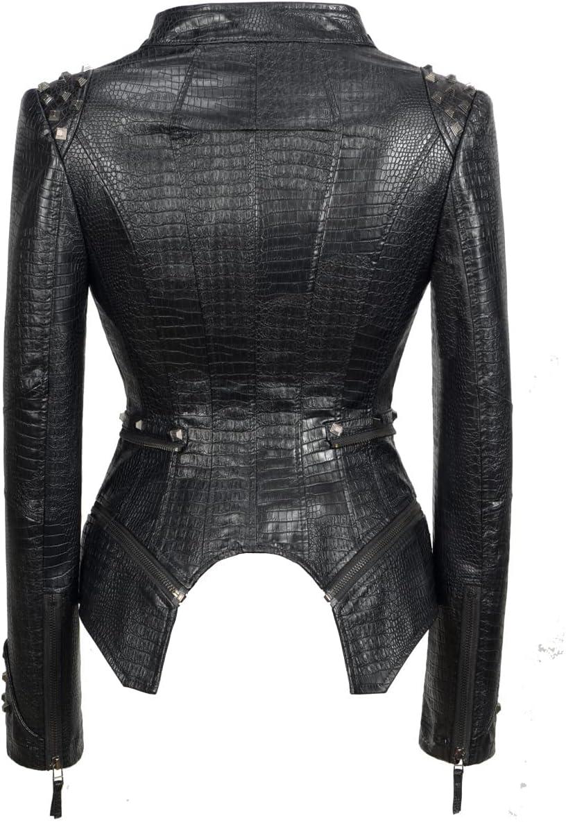 imageFashion SX Womens Punk Studded Fauxalligator Print Pattern PU Leather Jackets Zipper Moto Biker CoatBlack