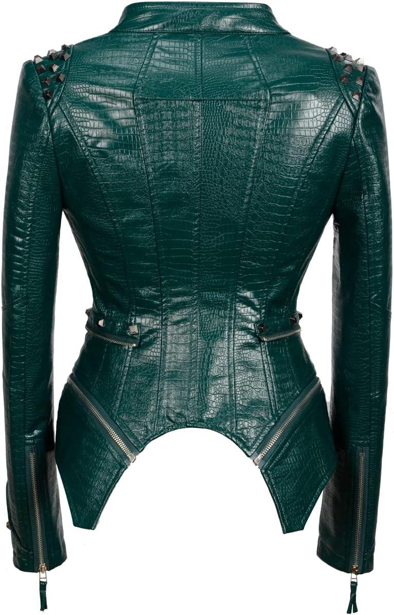 imageFashion SX Womens Punk Studded Fauxalligator Print Pattern PU Leather Jackets Zipper Moto Biker CoatGreen