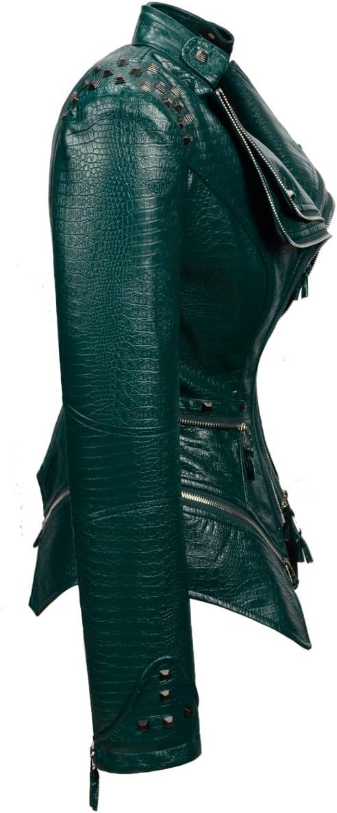 imageFashion SX Womens Punk Studded Fauxalligator Print Pattern PU Leather Jackets Zipper Moto Biker CoatGreen