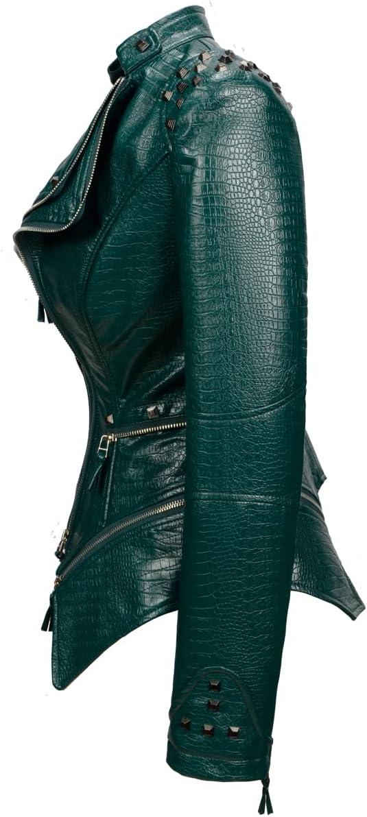 imageFashion SX Womens Punk Studded Fauxalligator Print Pattern PU Leather Jackets Zipper Moto Biker CoatGreen