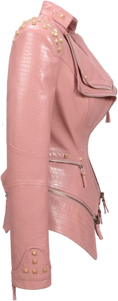 imageFashion SX Womens Punk Studded Fauxalligator Print Pattern PU Leather Jackets Zipper Moto Biker CoatPink