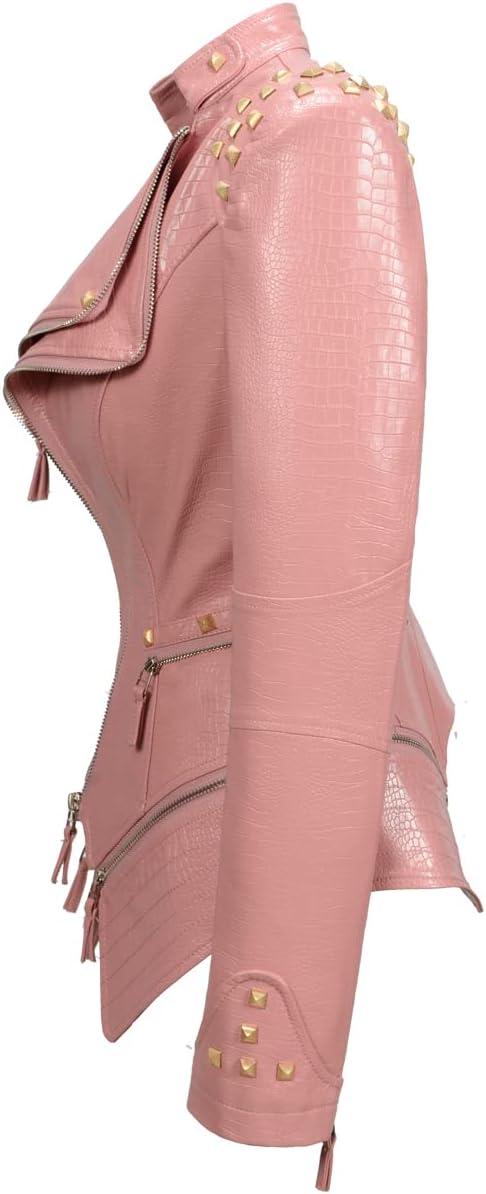 imageFashion SX Womens Punk Studded Fauxalligator Print Pattern PU Leather Jackets Zipper Moto Biker CoatPink
