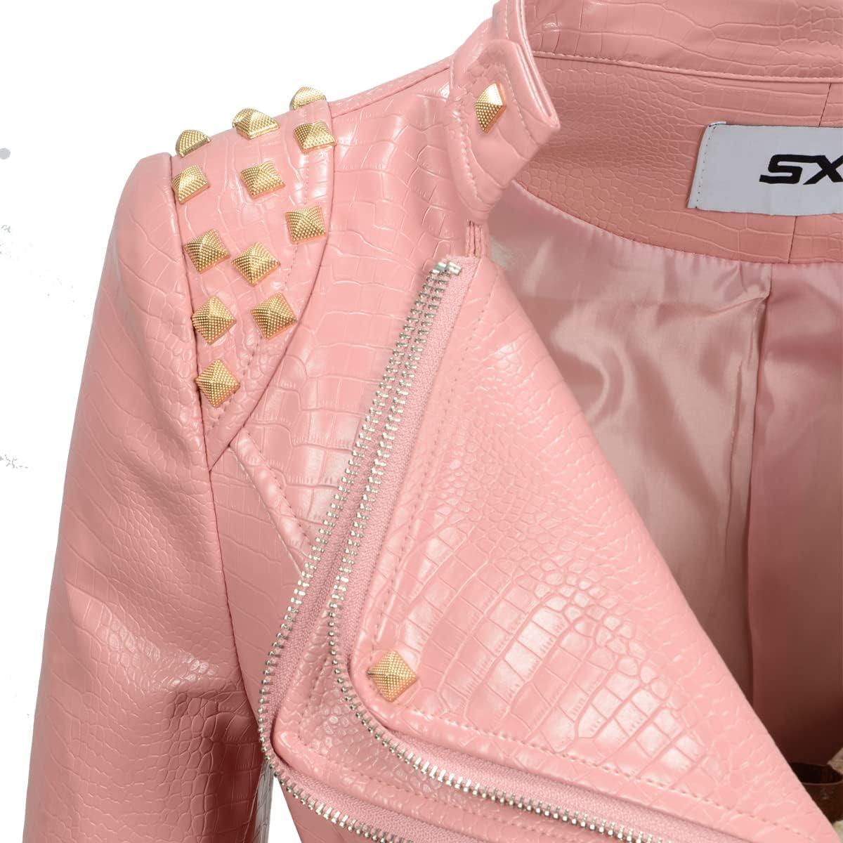 imageFashion SX Womens Punk Studded Fauxalligator Print Pattern PU Leather Jackets Zipper Moto Biker CoatPink