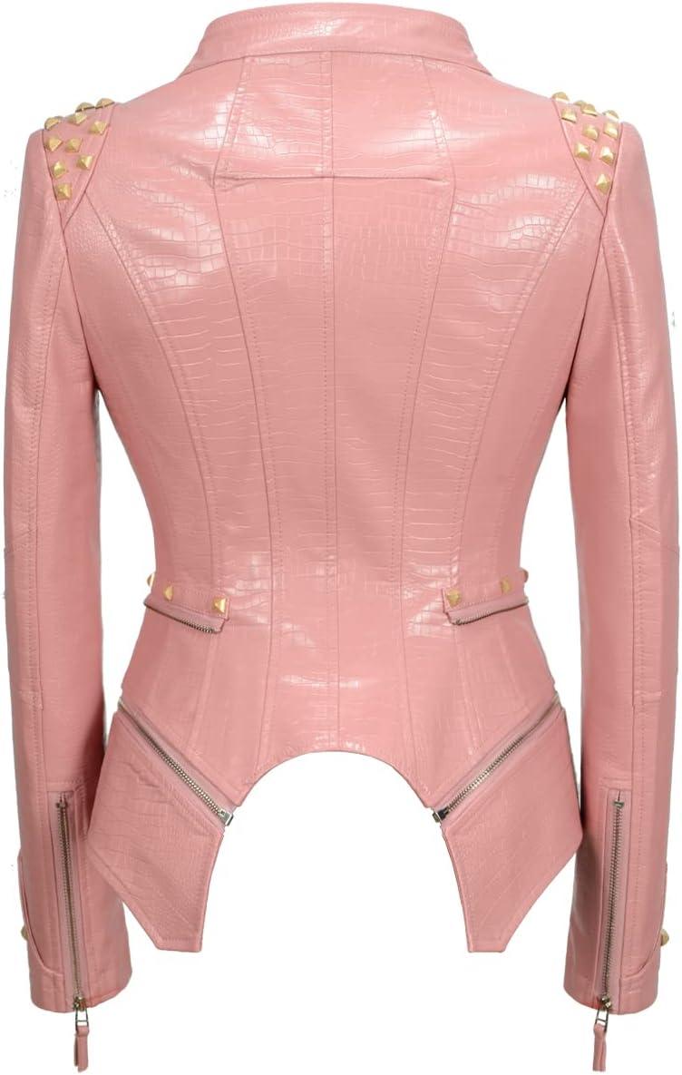 imageFashion SX Womens Punk Studded Fauxalligator Print Pattern PU Leather Jackets Zipper Moto Biker CoatPink