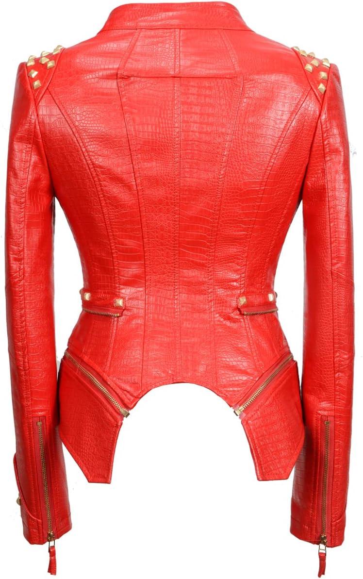 imageFashion SX Womens Punk Studded Fauxalligator Print Pattern PU Leather Jackets Zipper Moto Biker CoatRed