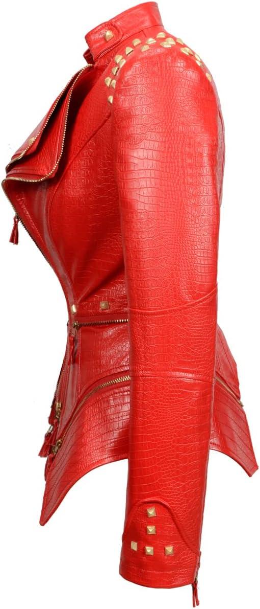imageFashion SX Womens Punk Studded Fauxalligator Print Pattern PU Leather Jackets Zipper Moto Biker CoatRed