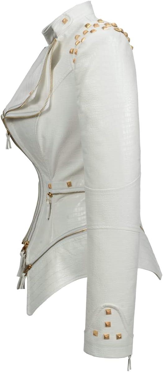 imageFashion SX Womens Punk Studded Fauxalligator Print Pattern PU Leather Jackets Zipper Moto Biker CoatWhite