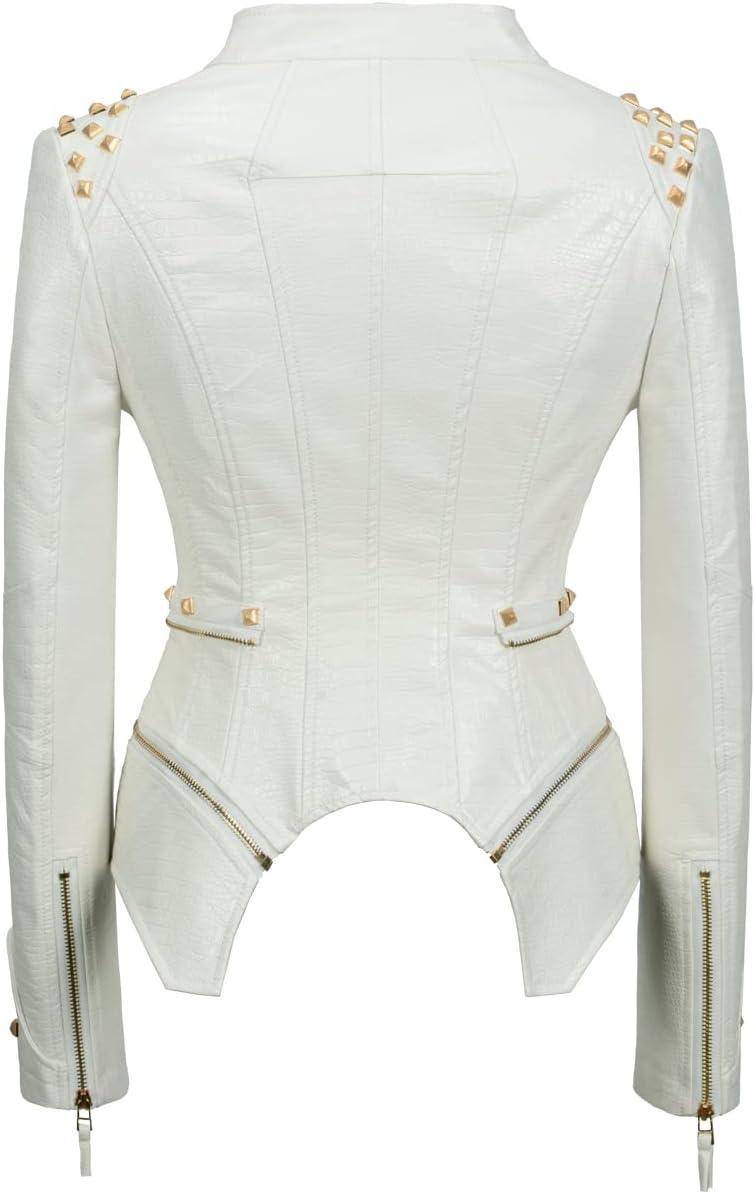 imageFashion SX Womens Punk Studded Fauxalligator Print Pattern PU Leather Jackets Zipper Moto Biker CoatWhite