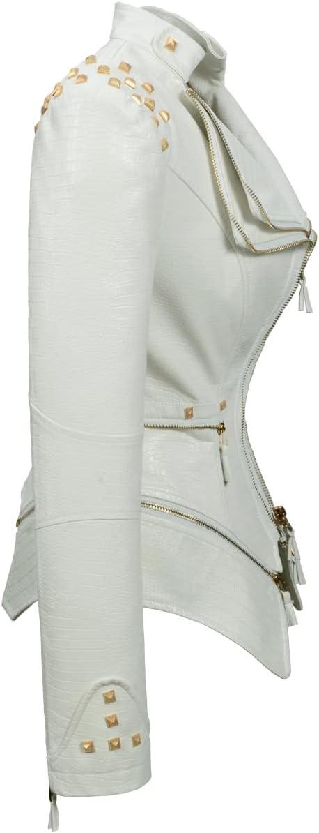 imageFashion SX Womens Punk Studded Fauxalligator Print Pattern PU Leather Jackets Zipper Moto Biker CoatWhite