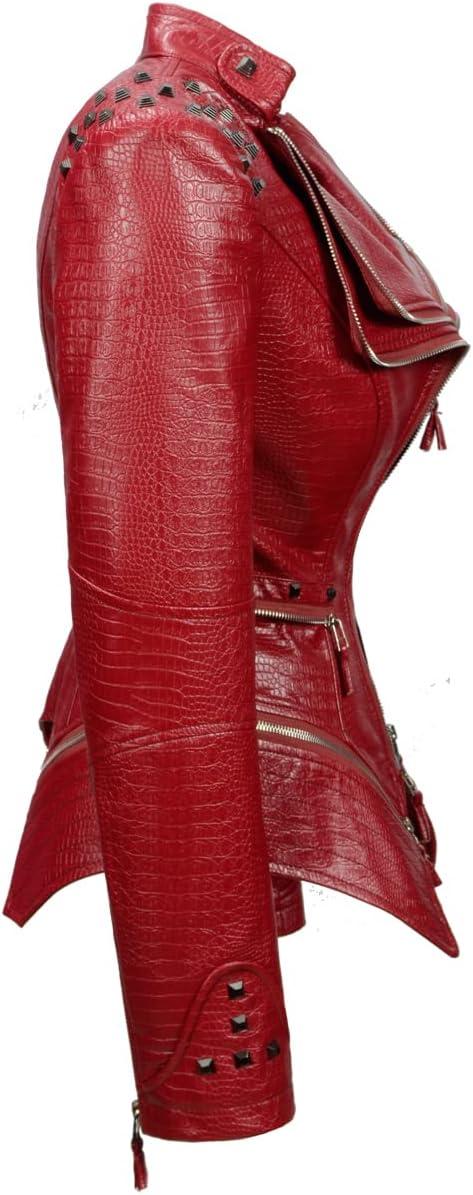 imageFashion SX Womens Punk Studded Fauxalligator Print Pattern PU Leather Jackets Zipper Moto Biker CoatWine Red