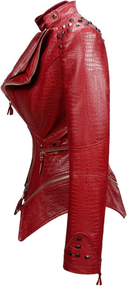 imageFashion SX Womens Punk Studded Fauxalligator Print Pattern PU Leather Jackets Zipper Moto Biker CoatWine Red
