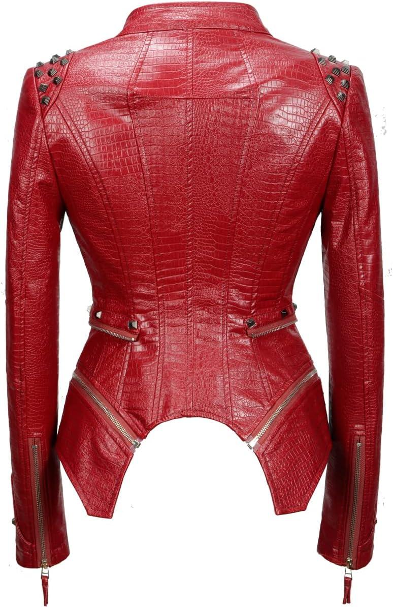 imageFashion SX Womens Punk Studded Fauxalligator Print Pattern PU Leather Jackets Zipper Moto Biker CoatWine Red