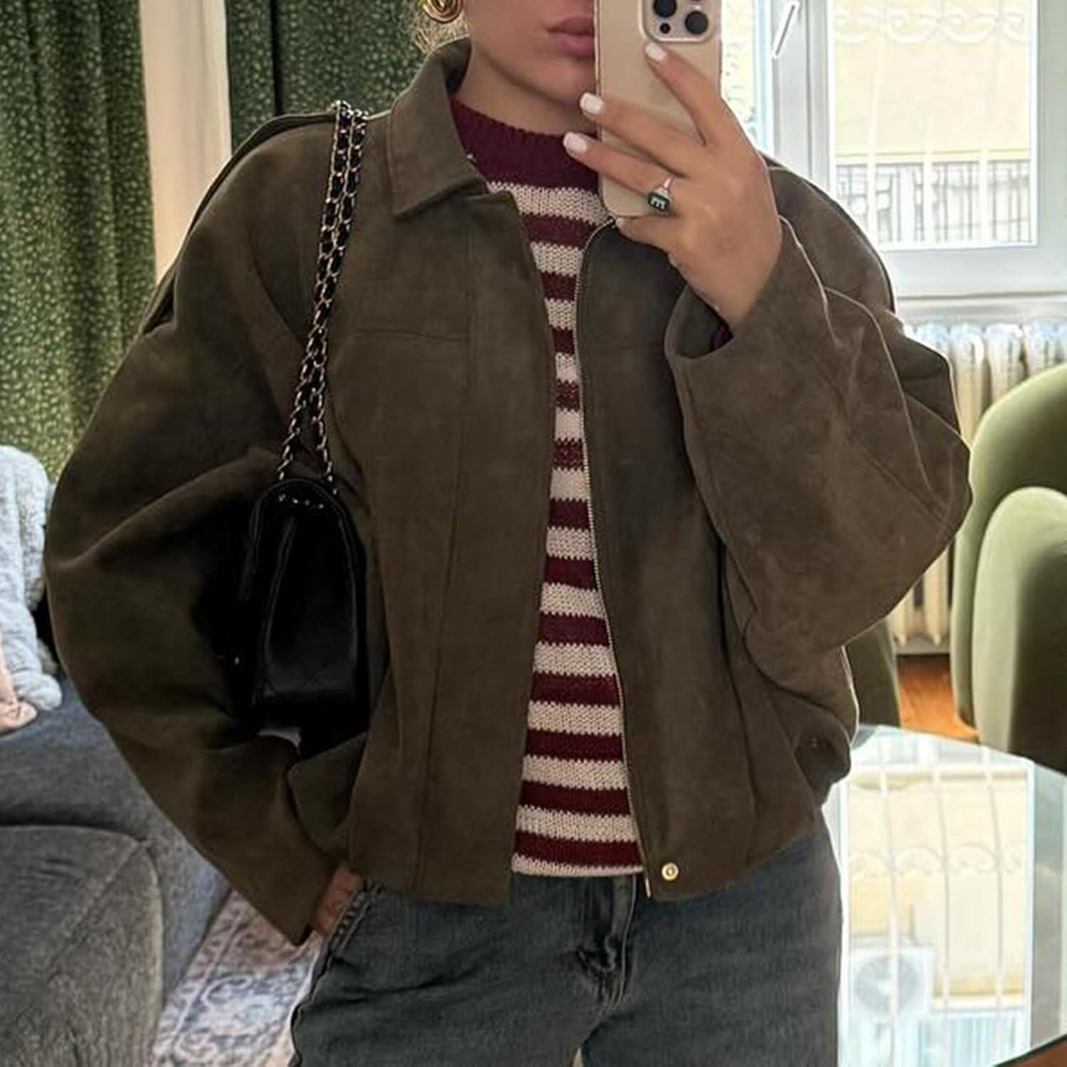 imageHOTIAN Womens Faux Suede Bomber Jacket Zipper Pilot Coat Casual Lapel Oversized Long Sleeves Y2K Outerwear CoatsArmy Green