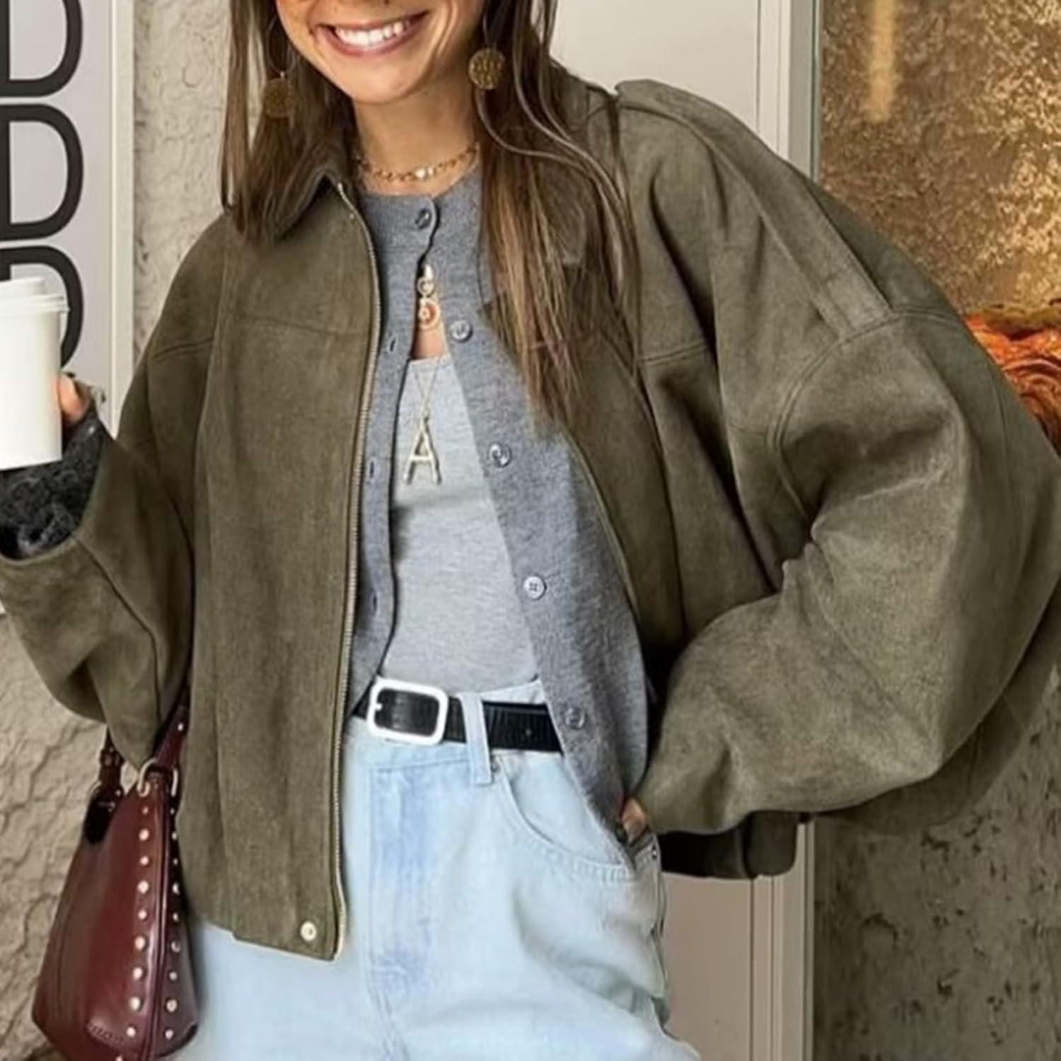 imageHOTIAN Womens Faux Suede Bomber Jacket Zipper Pilot Coat Casual Lapel Oversized Long Sleeves Y2K Outerwear CoatsArmy Green