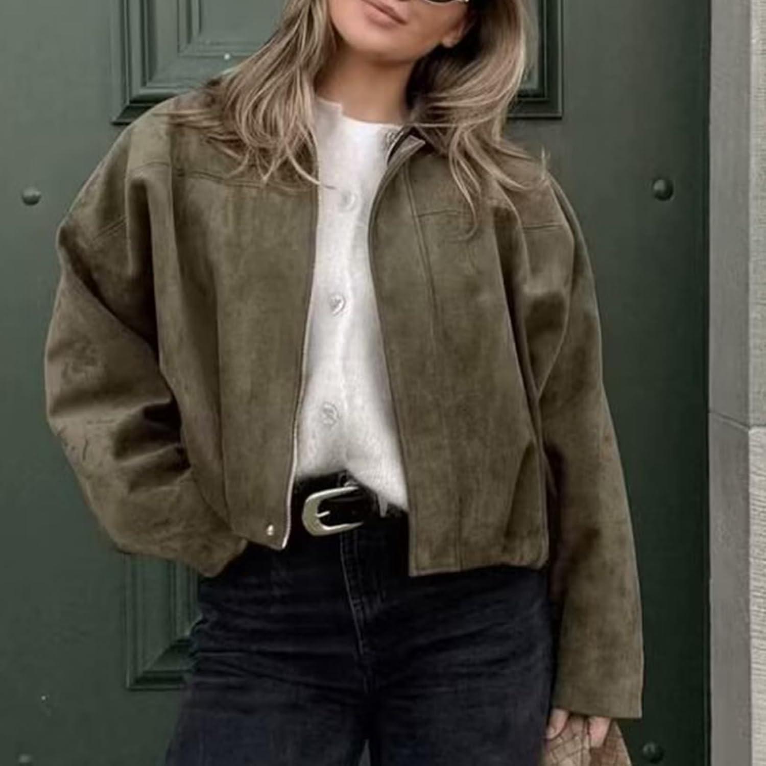imageHOTIAN Womens Faux Suede Bomber Jacket Zipper Pilot Coat Casual Lapel Oversized Long Sleeves Y2K Outerwear CoatsArmy Green