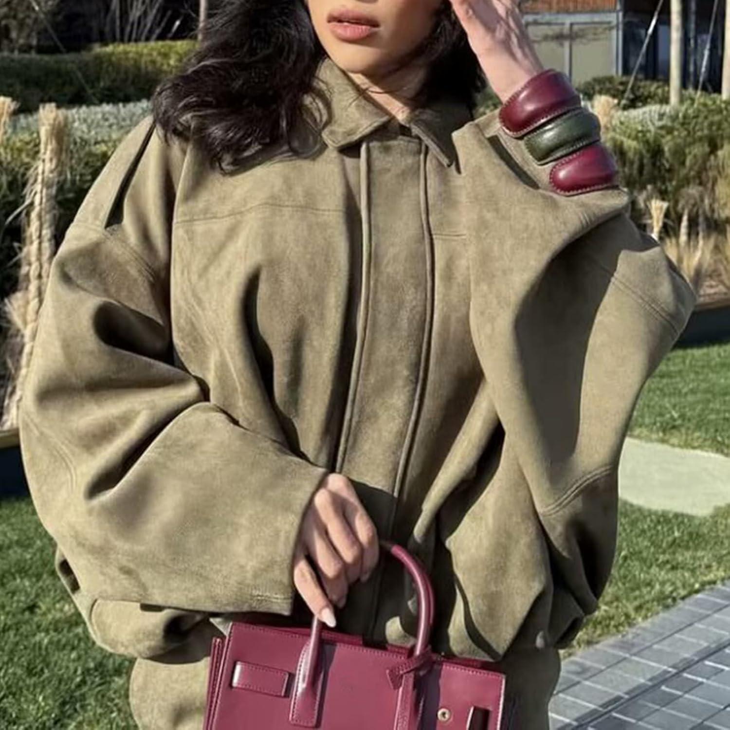 imageHOTIAN Womens Faux Suede Bomber Jacket Zipper Pilot Coat Casual Lapel Oversized Long Sleeves Y2K Outerwear CoatsArmy Green