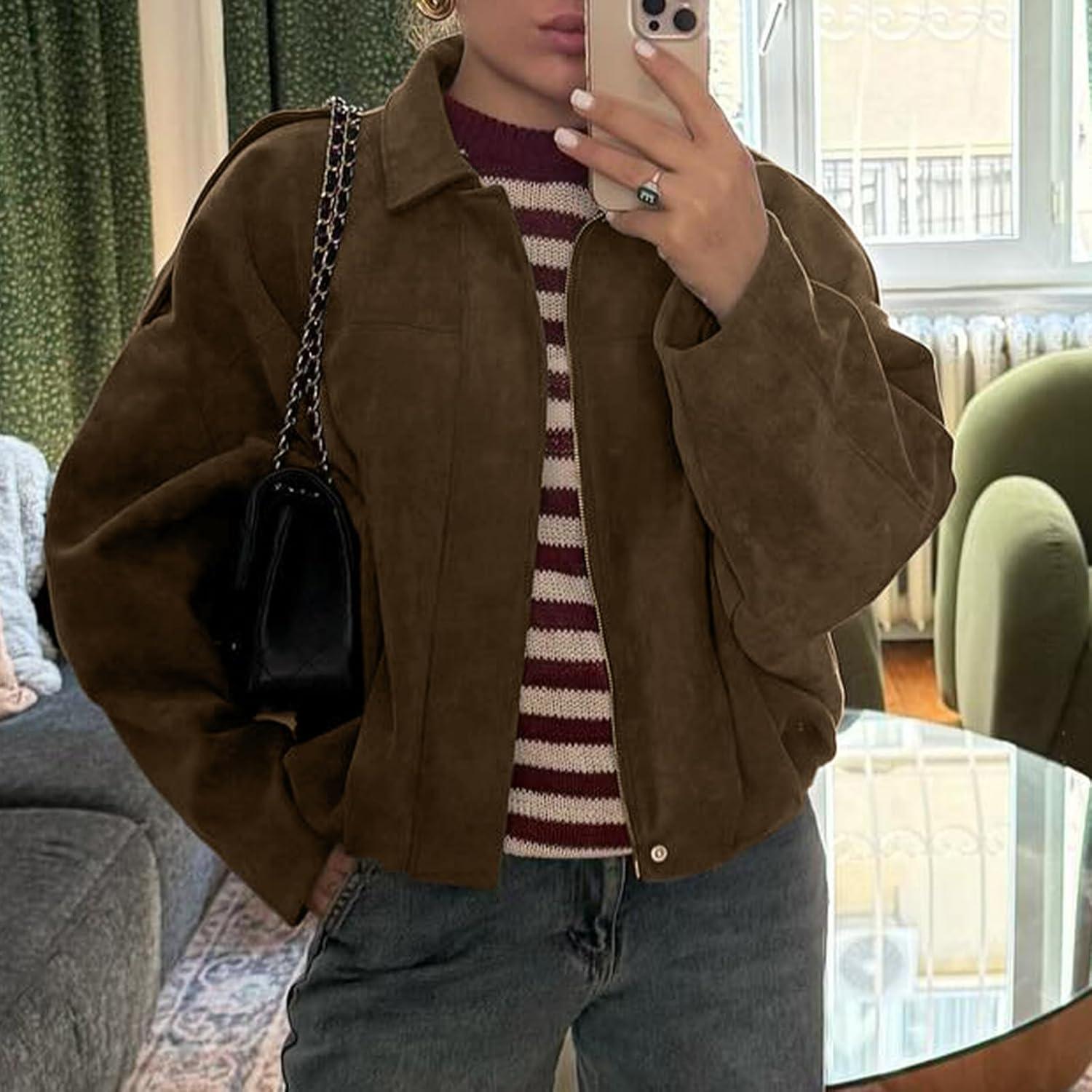 imageHOTIAN Womens Faux Suede Bomber Jacket Zipper Pilot Coat Casual Lapel Oversized Long Sleeves Y2K Outerwear CoatsBrown