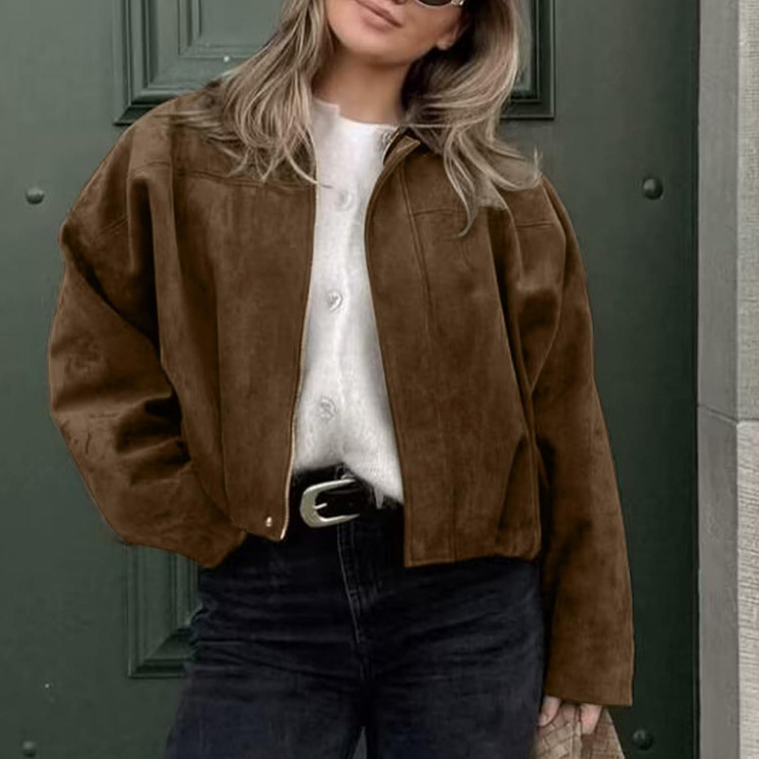 imageHOTIAN Womens Faux Suede Bomber Jacket Zipper Pilot Coat Casual Lapel Oversized Long Sleeves Y2K Outerwear CoatsBrown