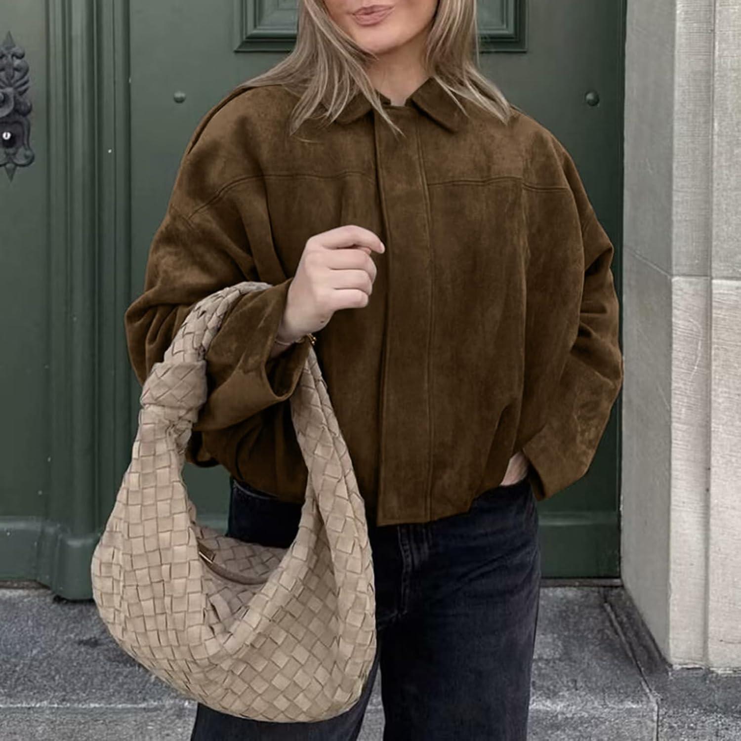 imageHOTIAN Womens Faux Suede Bomber Jacket Zipper Pilot Coat Casual Lapel Oversized Long Sleeves Y2K Outerwear CoatsBrown