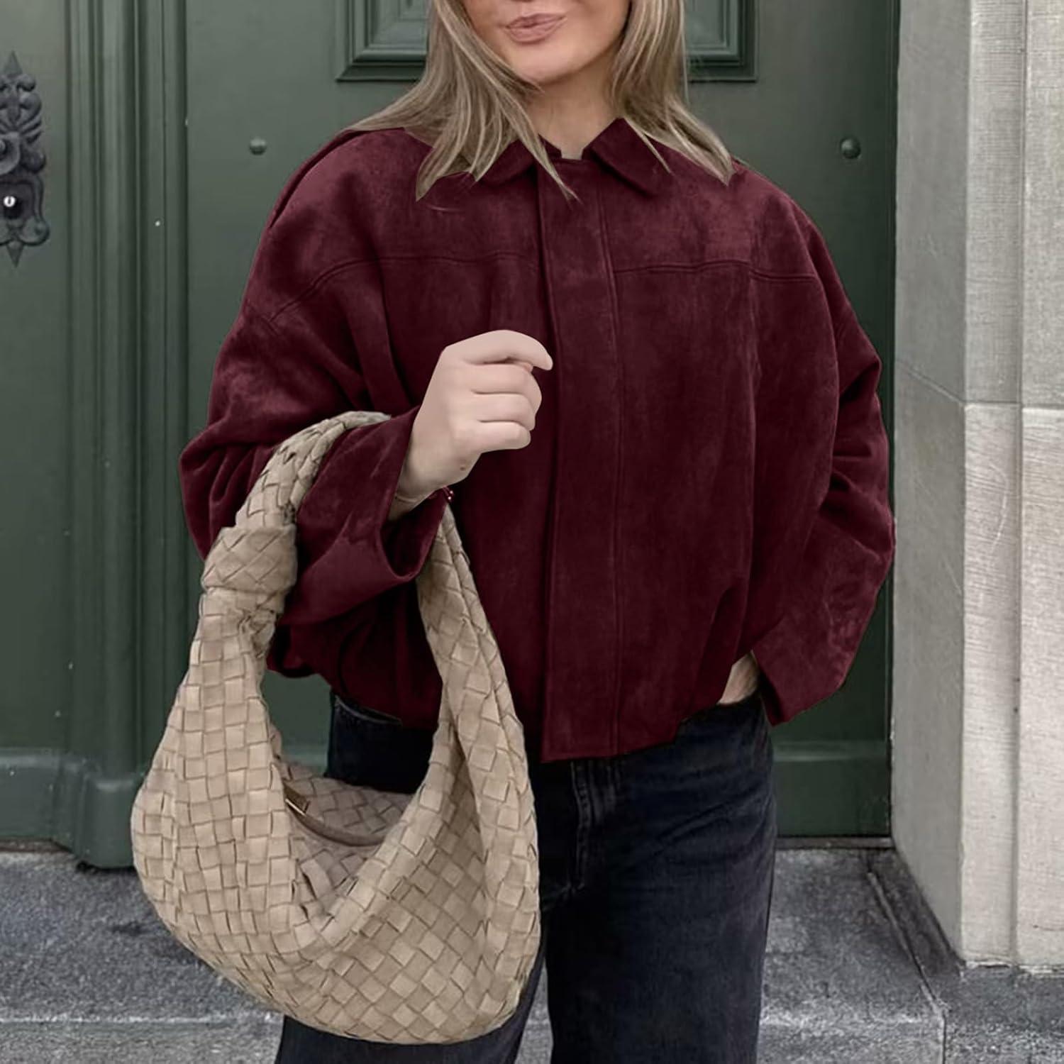 imageHOTIAN Womens Faux Suede Bomber Jacket Zipper Pilot Coat Casual Lapel Oversized Long Sleeves Y2K Outerwear CoatsBurgundy