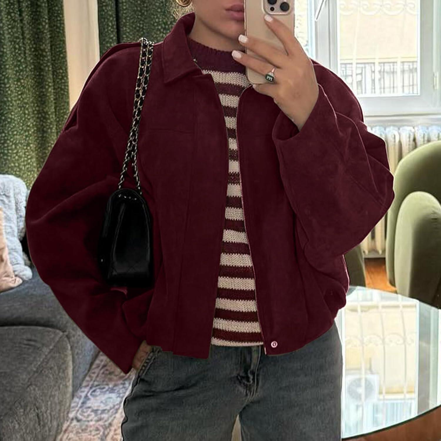 imageHOTIAN Womens Faux Suede Bomber Jacket Zipper Pilot Coat Casual Lapel Oversized Long Sleeves Y2K Outerwear CoatsBurgundy