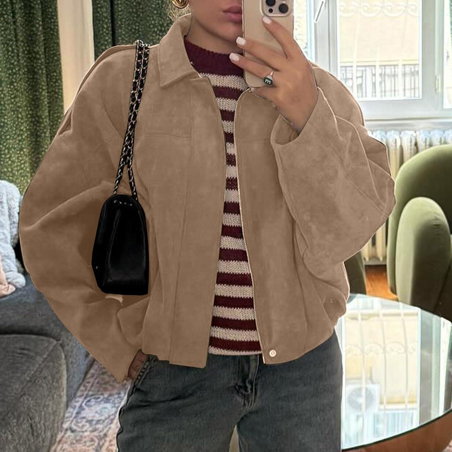 imageHOTIAN Womens Faux Suede Bomber Jacket Zipper Pilot Coat Casual Lapel Oversized Long Sleeves Y2K Outerwear CoatsKhaki