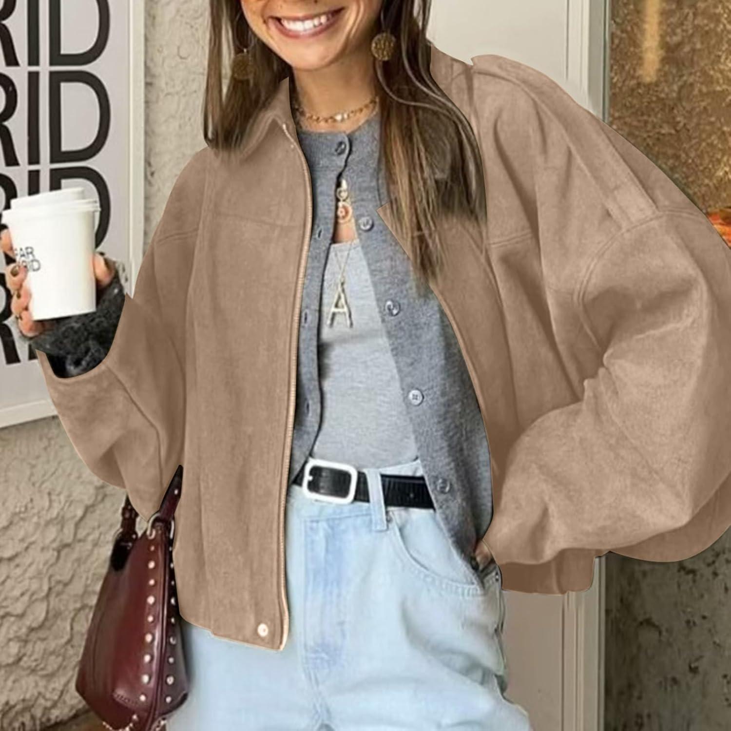 imageHOTIAN Womens Faux Suede Bomber Jacket Zipper Pilot Coat Casual Lapel Oversized Long Sleeves Y2K Outerwear CoatsKhaki