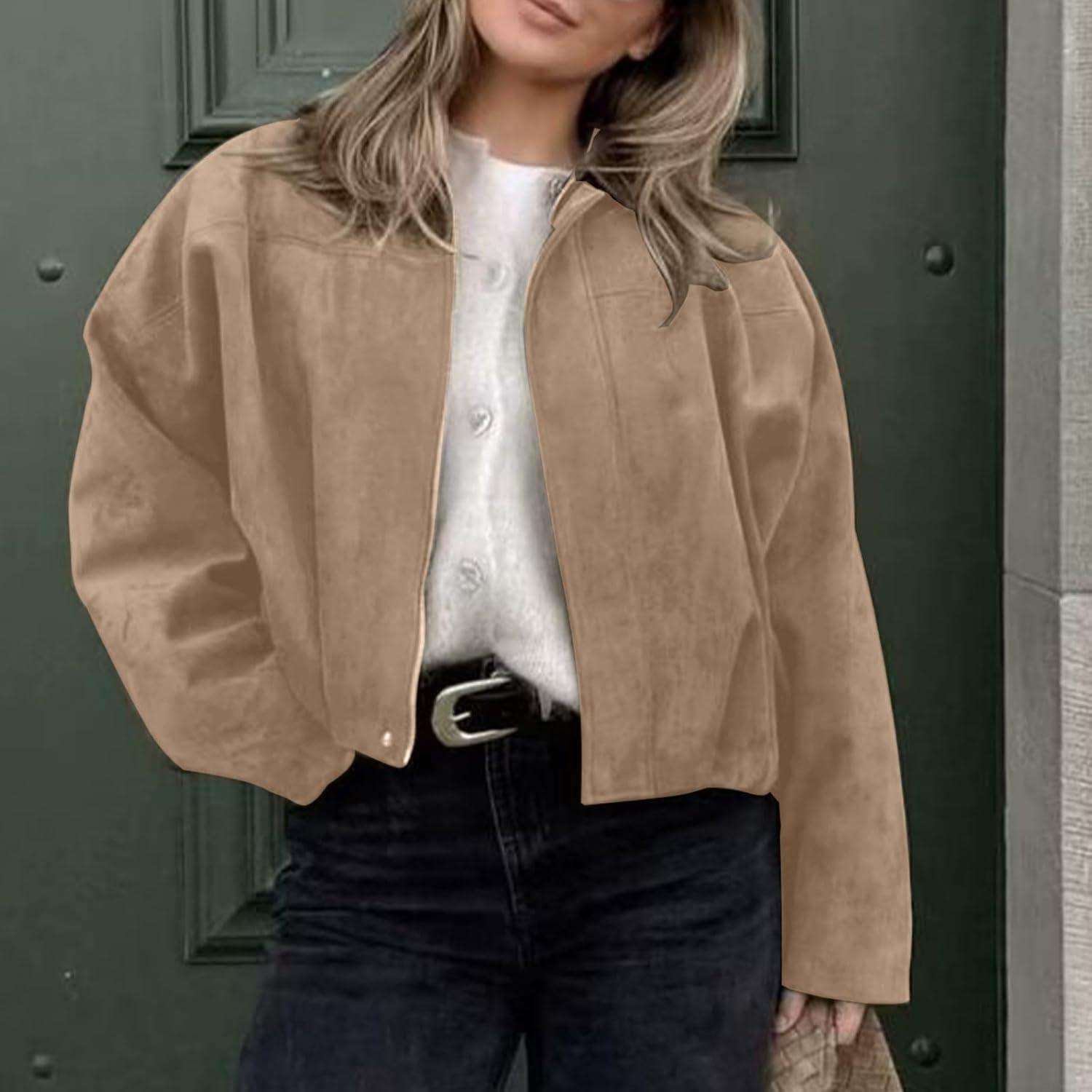 imageHOTIAN Womens Faux Suede Bomber Jacket Zipper Pilot Coat Casual Lapel Oversized Long Sleeves Y2K Outerwear CoatsKhaki