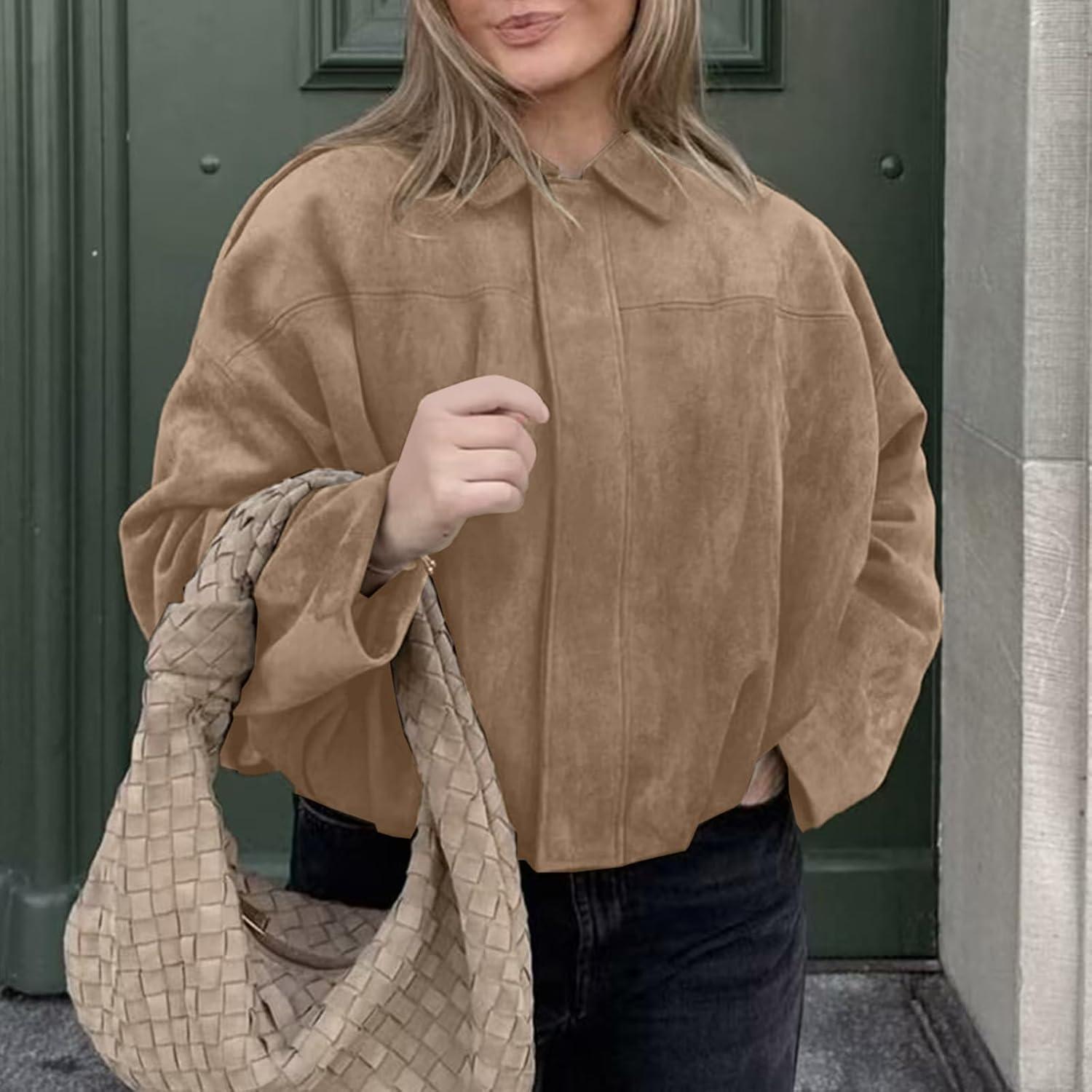 imageHOTIAN Womens Faux Suede Bomber Jacket Zipper Pilot Coat Casual Lapel Oversized Long Sleeves Y2K Outerwear CoatsKhaki