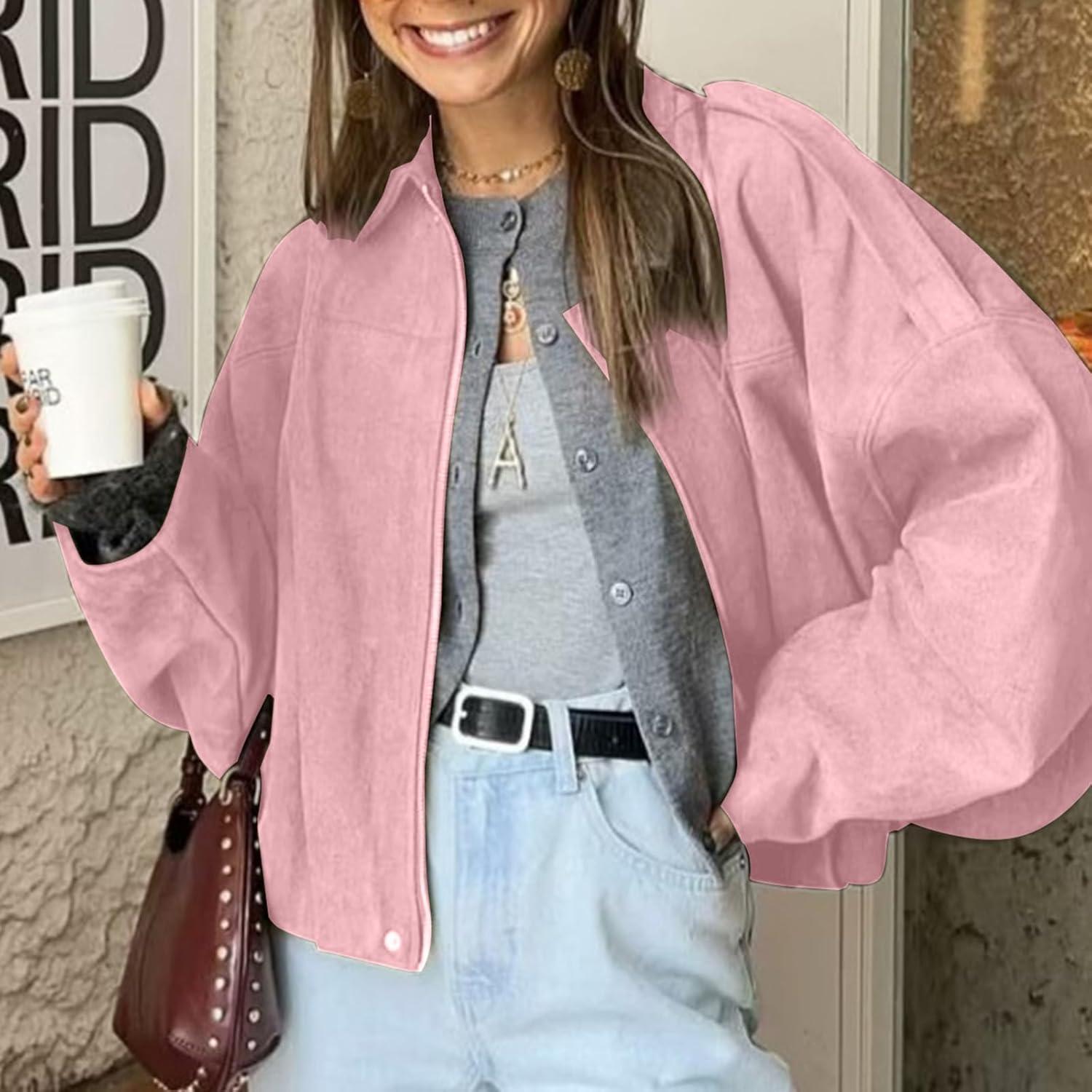imageHOTIAN Womens Faux Suede Bomber Jacket Zipper Pilot Coat Casual Lapel Oversized Long Sleeves Y2K Outerwear CoatsPink