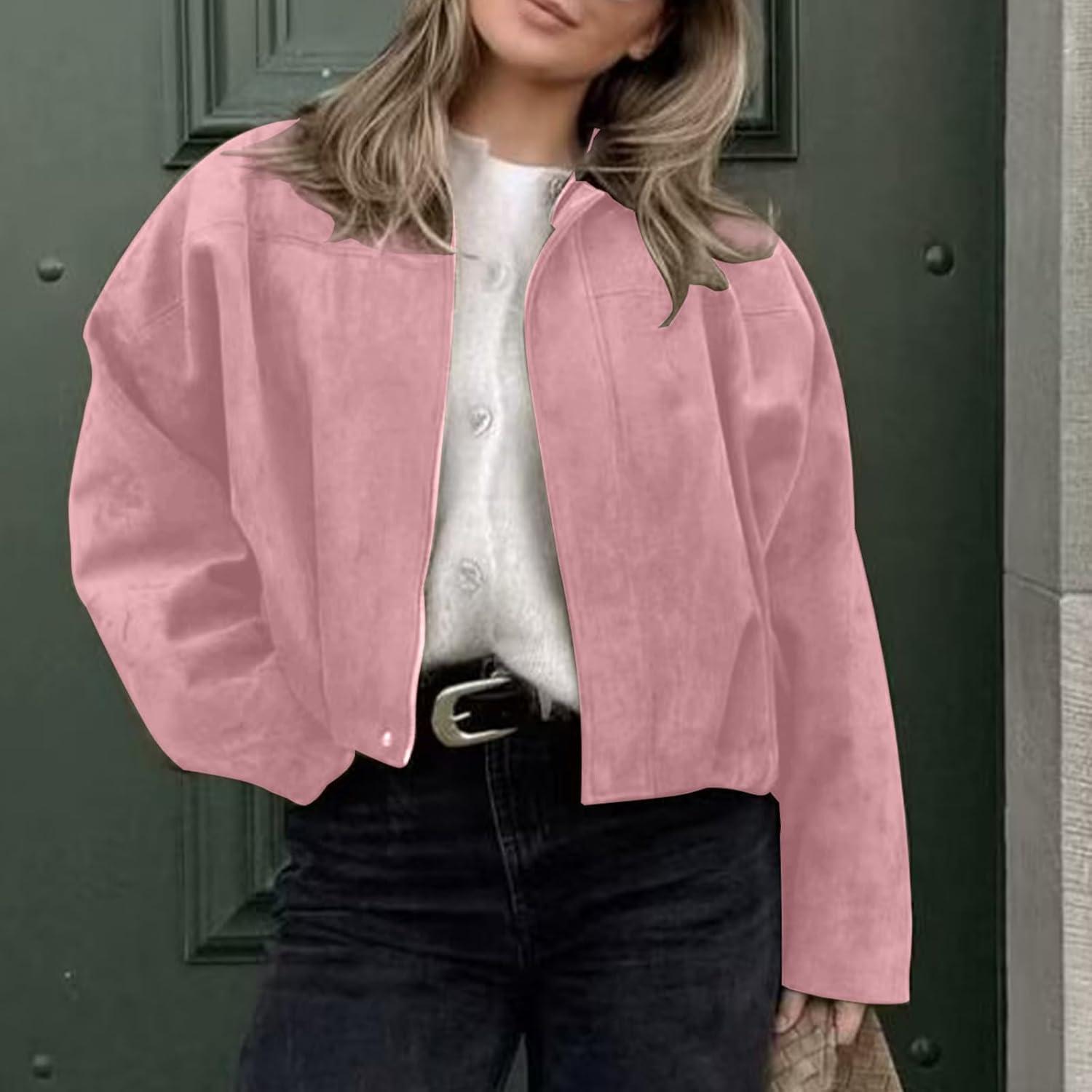 imageHOTIAN Womens Faux Suede Bomber Jacket Zipper Pilot Coat Casual Lapel Oversized Long Sleeves Y2K Outerwear CoatsPink