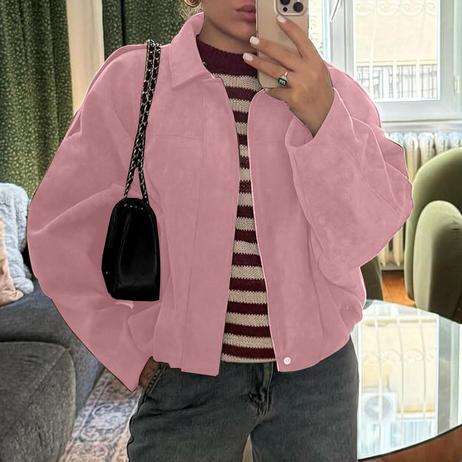 imageHOTIAN Womens Faux Suede Bomber Jacket Zipper Pilot Coat Casual Lapel Oversized Long Sleeves Y2K Outerwear CoatsPink