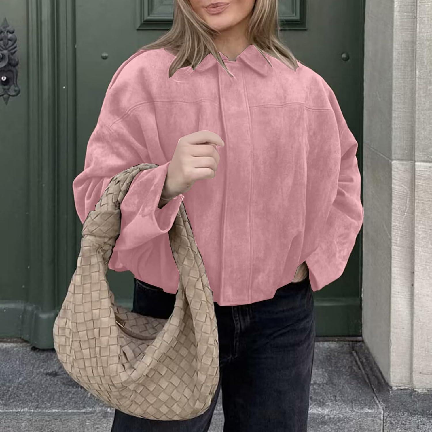 imageHOTIAN Womens Faux Suede Bomber Jacket Zipper Pilot Coat Casual Lapel Oversized Long Sleeves Y2K Outerwear CoatsPink