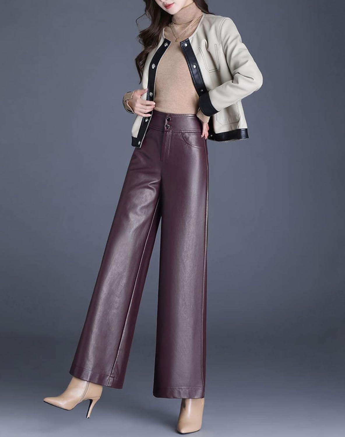 imageHaoMay Womens High Waist Wide Leg PU Faux Leather Cropped Pants CulottesAncora Red